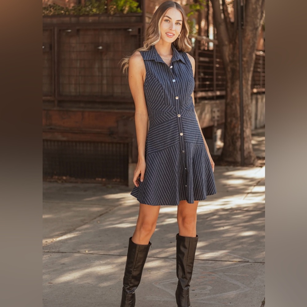 Navy Pinstripe Button up Linen Short Dress